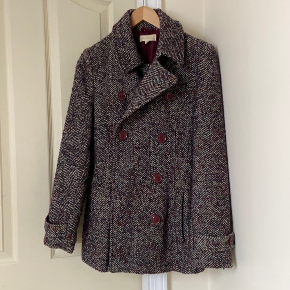 Herringbone women’s pea coat with back ruffle detail
